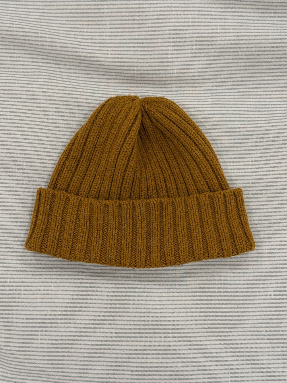 MUJI Ribbed Knit 100% Wool Beanie Hat in Mustard